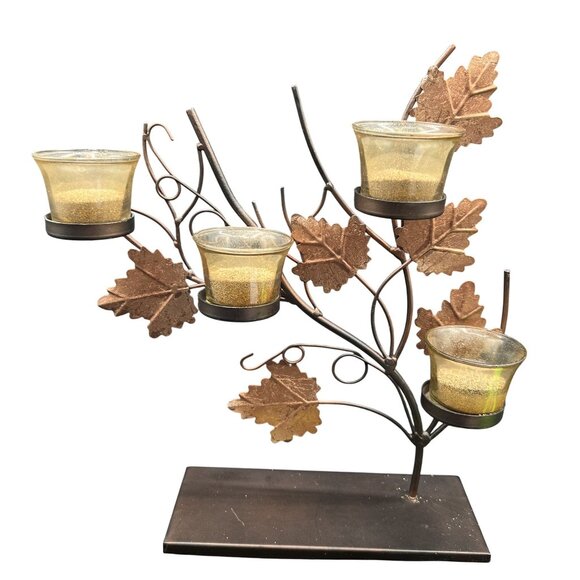 Fall Leaves 14" Metal Tea Light Candle Holder Dining Fireplace Candelabra Decor - Picture 8 of 11